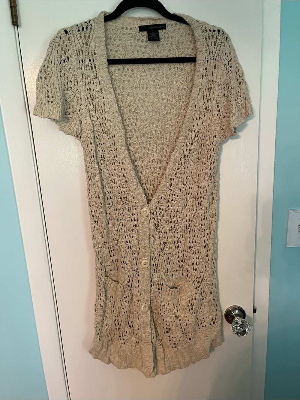 Calvin Klein Jeans Openwork Short-Sleeve Button Cardigan in Beige